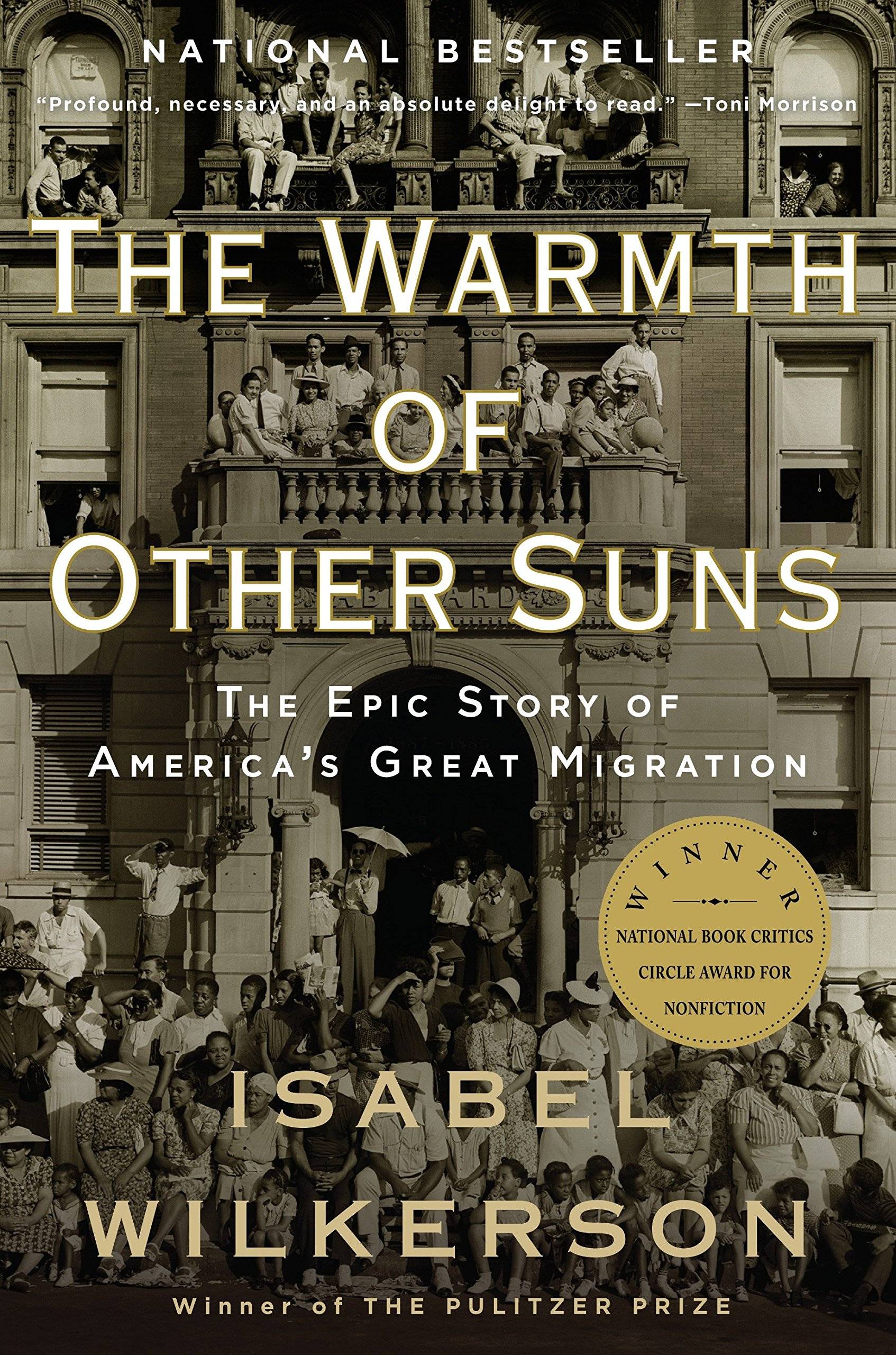Book cover featuring a black and white photo of a building with a bunch of people out front, on the balcony, in windows